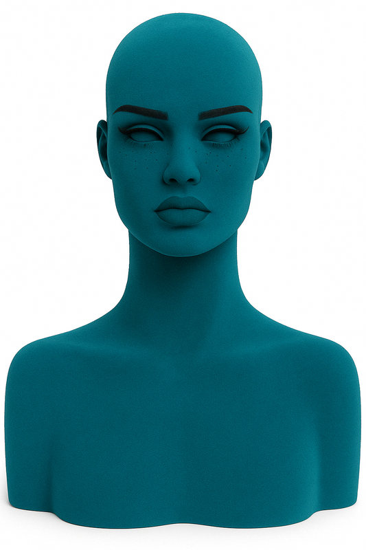 Turquoise Suede Velvet-Like Mannequin Head – Modern Display Bust for Wigs, Hats, Jewelry & Accessories